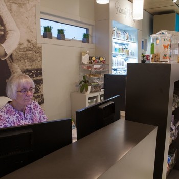 Our reception desk and one of our very talented staff members